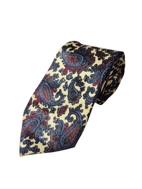 Vintage Mark Shale Silk Paisley Necktie Cream Blue Red Hand Made Classic Ivy